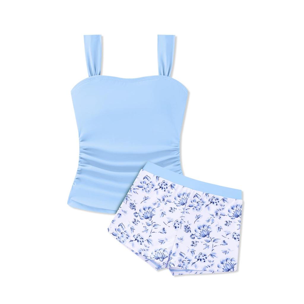Girls Two Piece Swimsuit Tankini Top with Adjustable Straps and Floral Print Swim Shorts Lightweight Quick Dry Beachwear Set