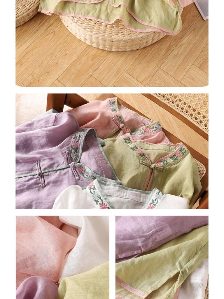 Women's Chinese Floral Embroidered Blouse: Loose Fit, Three-Quarter Sleeve, Contrast Color, Lapel-Style Tea Dress