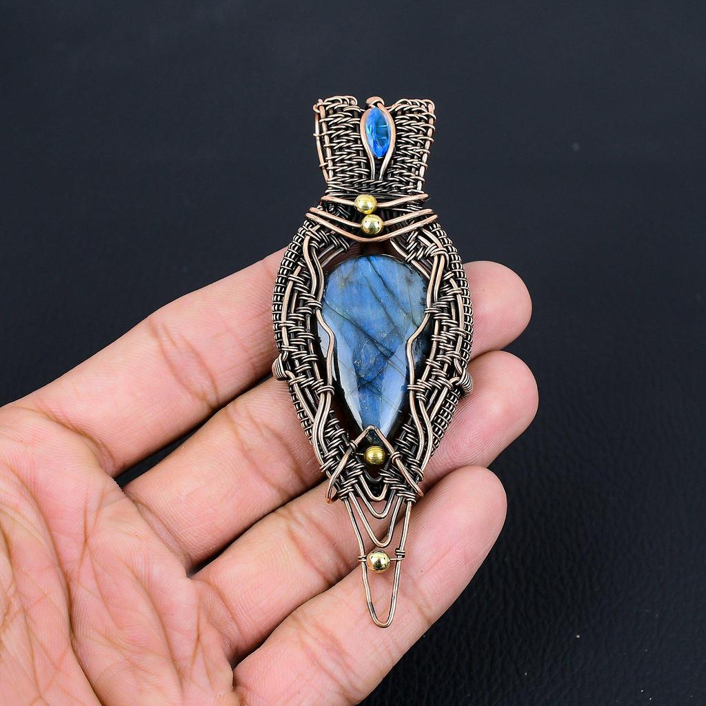 Labradorit-Edelstein, reiner Kupferdraht, umwickelt, handgefertigter Anhänger-Schmuck