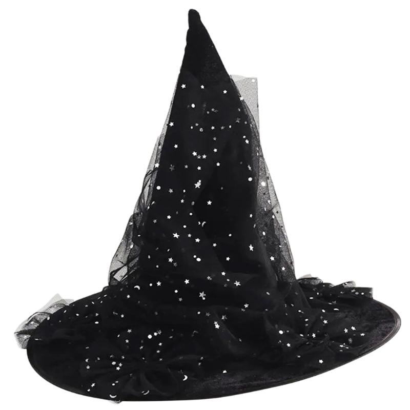 Halloween Party Witch Hats Lace Sequins Ruffled Sheer Pointed Hat Cosplay Accessory Unique Witch Hat
