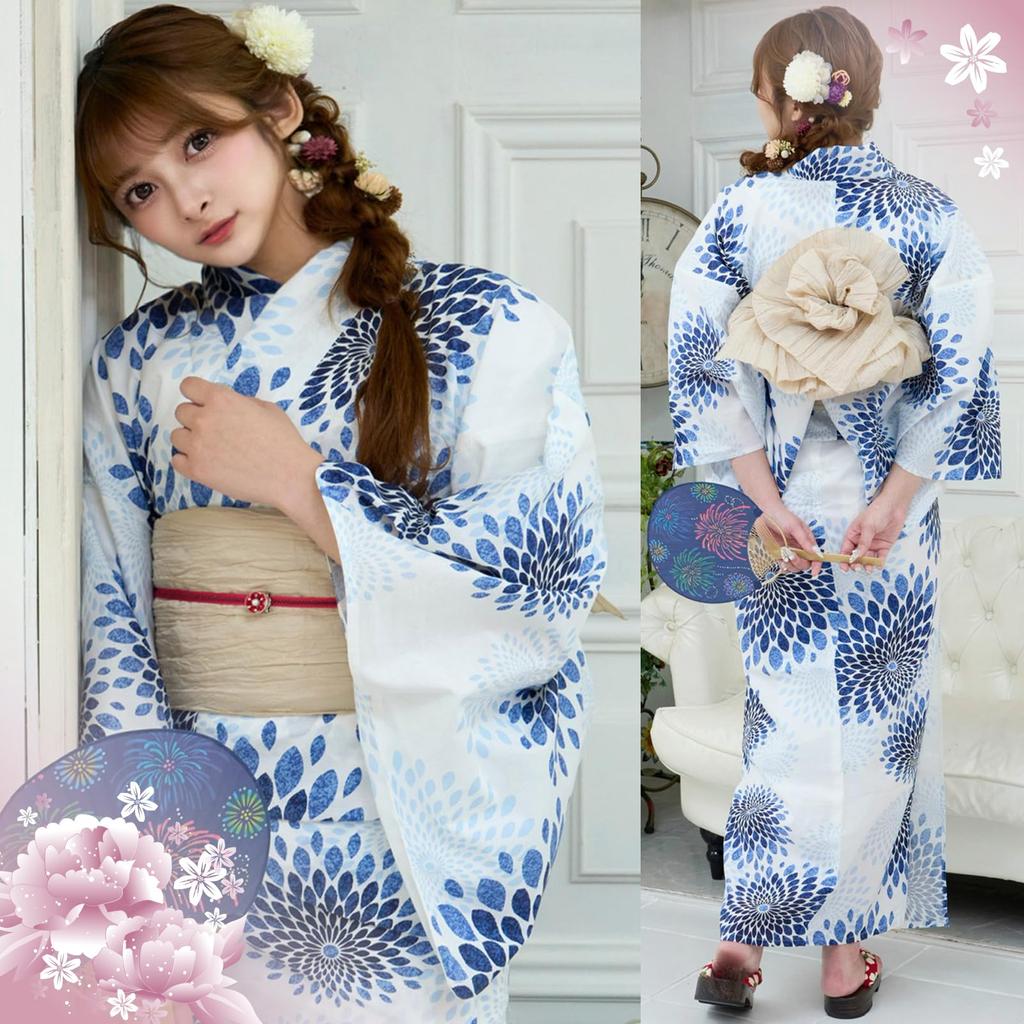 RAVIR Yukata-sett med store blå krysantemum på en hvit fluffy obi og geta-sandaler Størrelse passer dame 3-delt Bakgrunn, Belte, (En Alle)