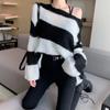 Pullover Off Shoulder Striped Sweater Mode Lockerer und fauler Strickpullover Mantel Damen Langarmshirt Herbst