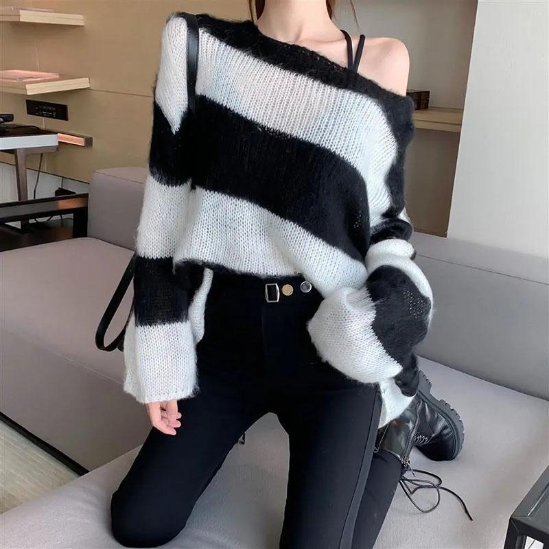 Pullover Off Shoulder Striped Sweater Mode Lockerer und fauler Strickpullover Mantel Damen Langarmshirt Herbst