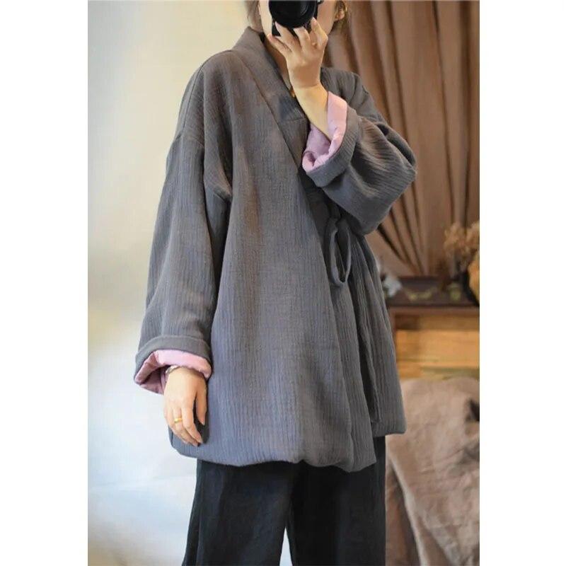 Johnature Winter Woman Linen Chinese Style Cotton Clothing Long Sleeves Solid Color Cotton Clothing