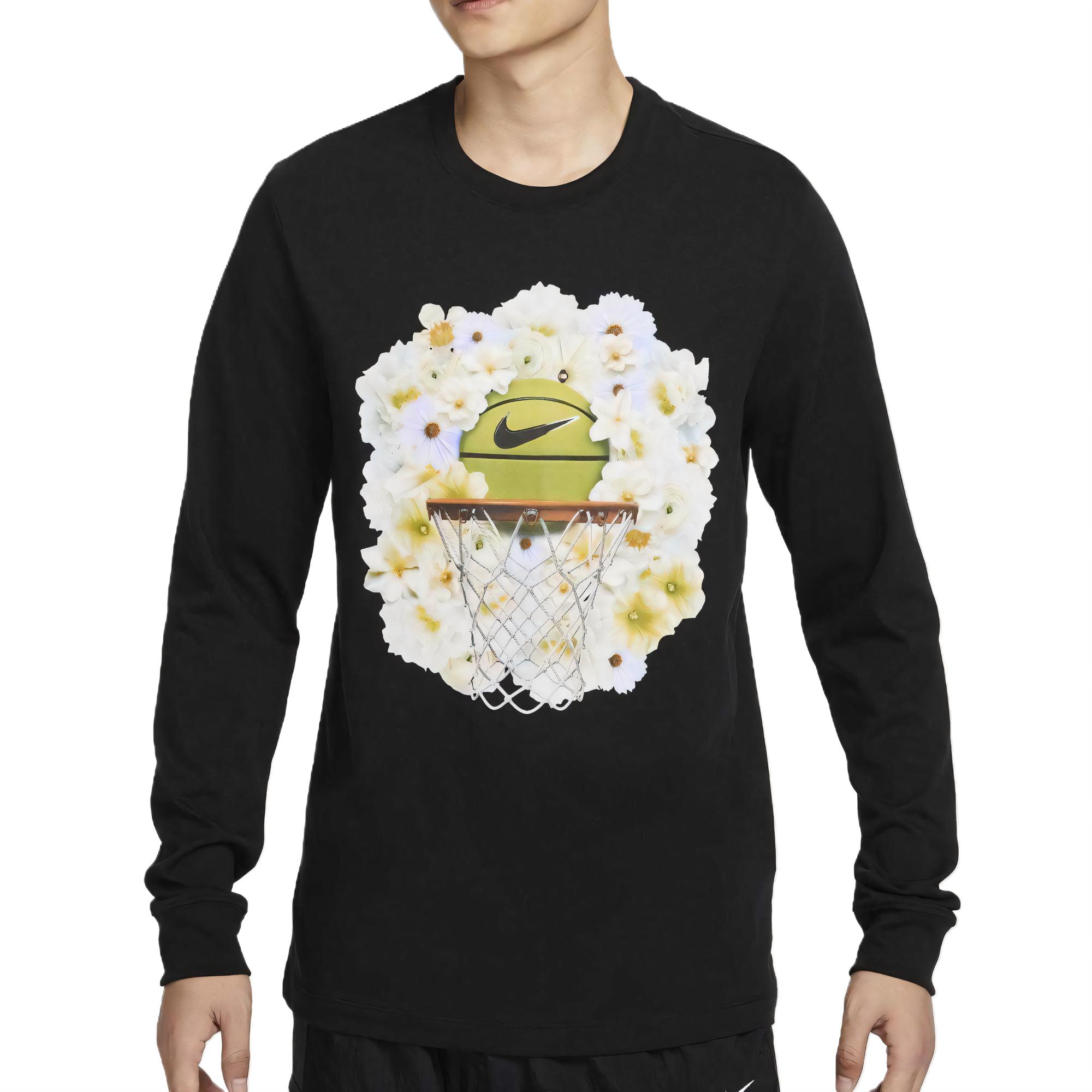 

Nike Мужская футболка с круглым вырезом, удобная, дышащая, с длинным рукавом, с цветочным принтом, черная HJ3349-010