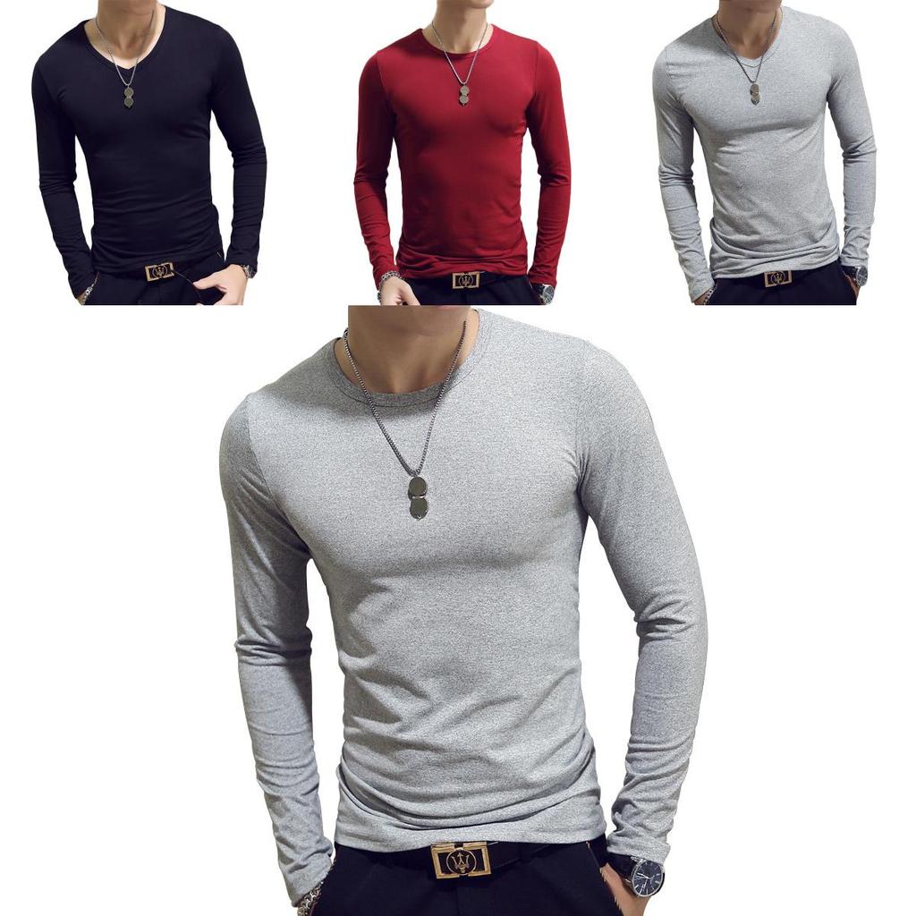 Elegant Solid Color Slim Fit Long-sleeved T-shirt For Men Fashionable And Comfortable