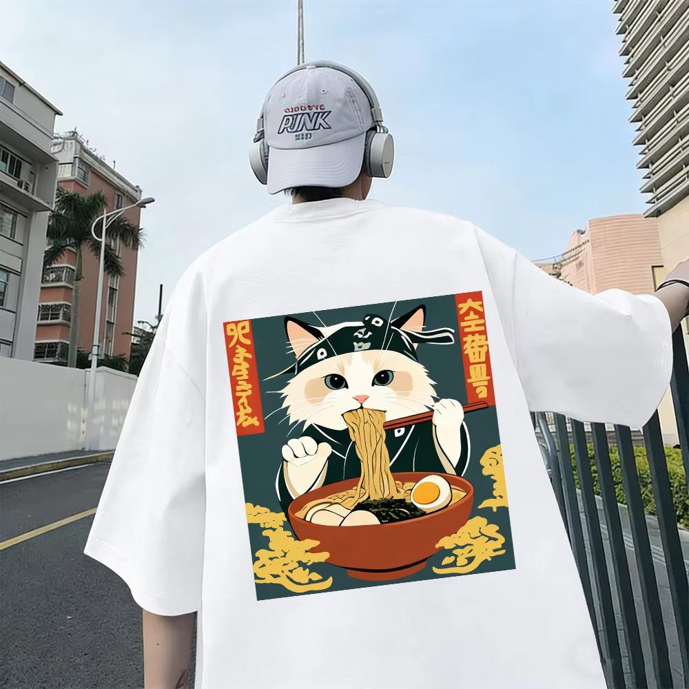 Cats Like Lamian Noodles Prints Unisex Tshirt Cotton Summer Soft Tops Oneck Short Sleeve T Shirt Unisex Casual Male Clothes