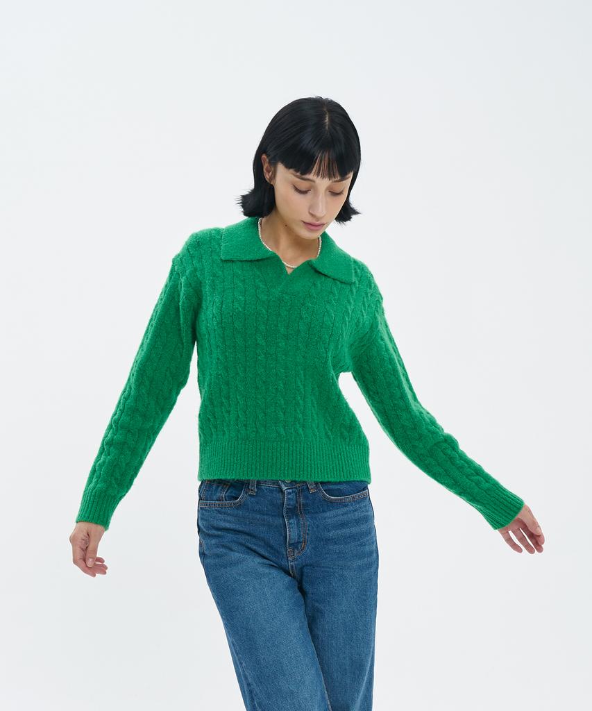 BLOND9 Cable Open Collar Knit_Hunter Green