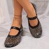 Fashion Stylish Cutout Ballet Heels Stylish New Square Toe Shallow Mouth Crystal Mesh Buckle Mary Jane Block Heel Single
