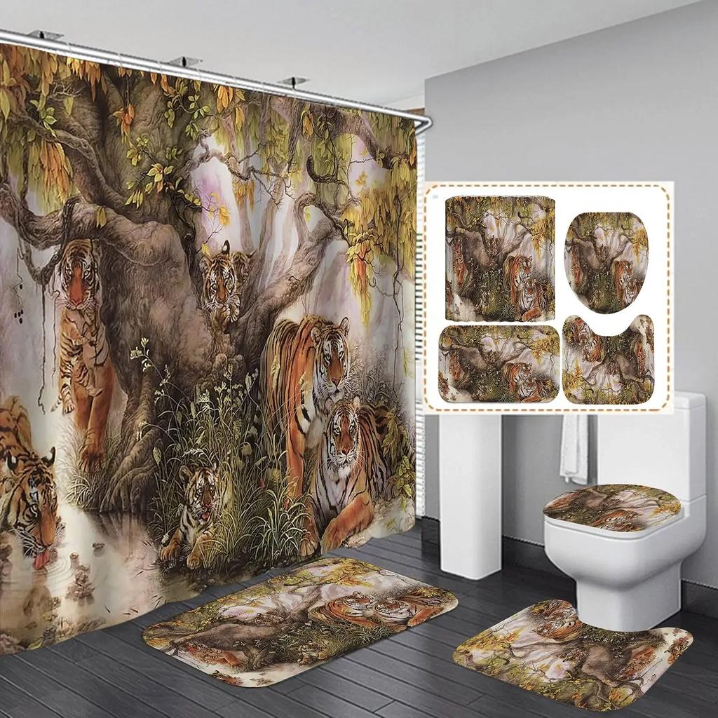 Black Tiger Animals Printed Shower Curtain Set Bathroom Bathing Screen Anti-Slip Toilet Lid Cover Carpet Rugs Kitchen Home Decor