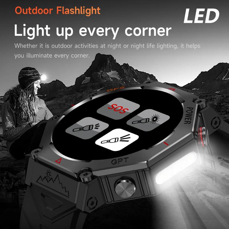 GPS Smart Watch ChatGPT AI 5ATM Waterproof Bluetooth Call Built-in Compass Altimeter Barometric Sport Watch with LED Flashlight