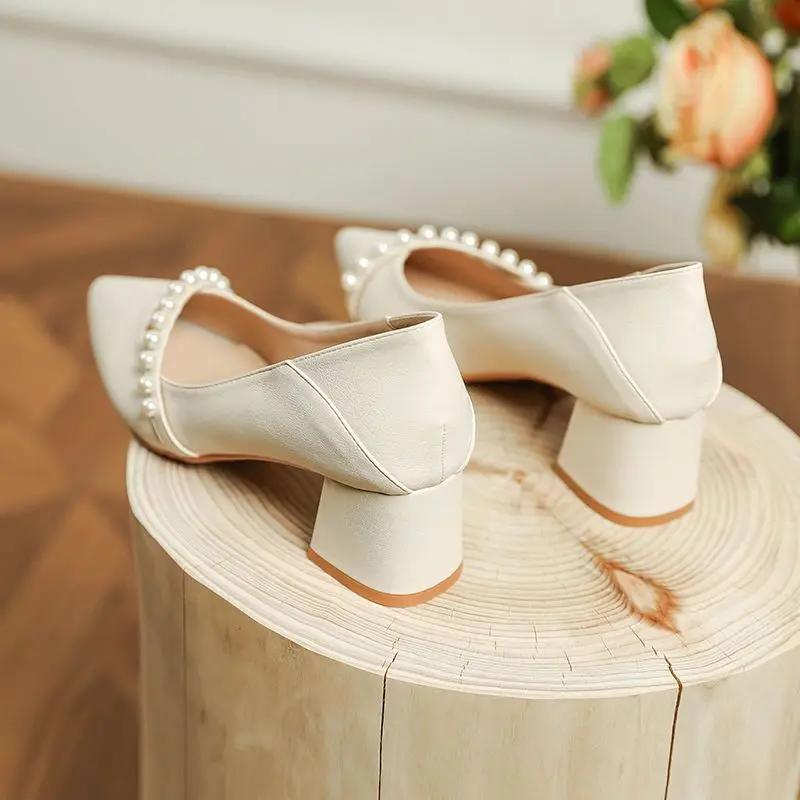 Wedding Bride Shoe Shoes for Women Pointed Toe Pearl Square Heels with Medium Woman Footwear Shallow Beige Lastest Slip On A L E