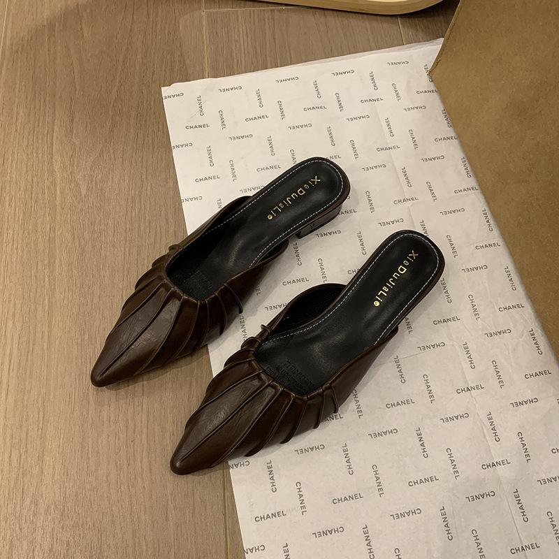 Muller Shoes 2025 Summer New Flat-bottomed Cool Slippers French Bag Head Pointed Head Flat Heel Pleated Half Slippers Women's Outer Wear