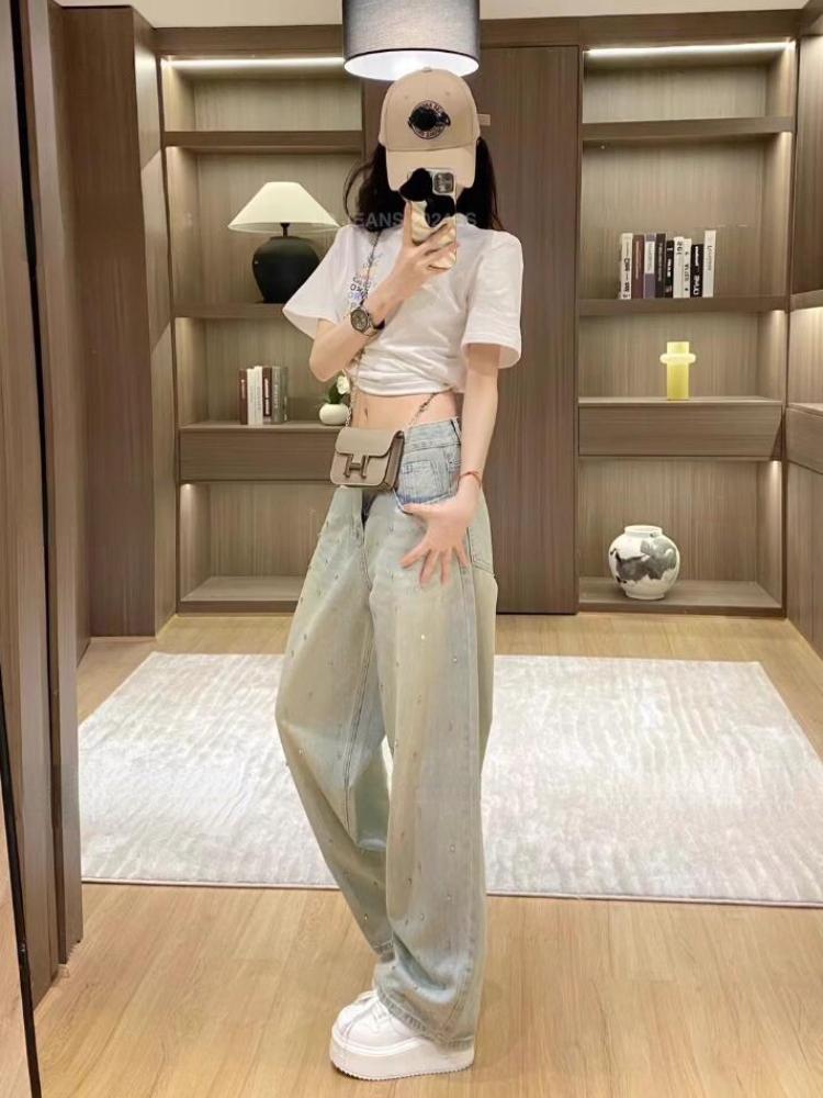 Y2k Harajuku Vintage Baggy Blue Jeans Women Retro Nail Drill Design High Waist Denim Trousers Korean Fashion 90s Aesthetic Wide Pants Streetwear