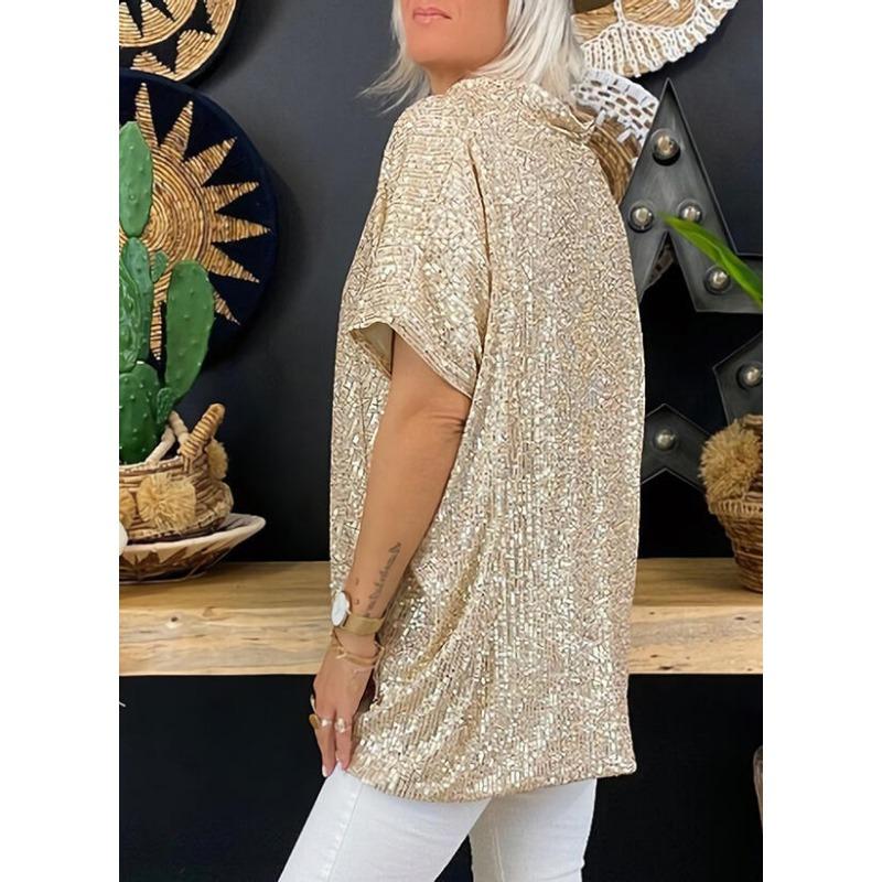 Fashion Short Sleeved V-neck Sequined Women T-shirt Casual Loose Pullover Top Elegant Plus Size Simple Office Shirts Women's Clothing
