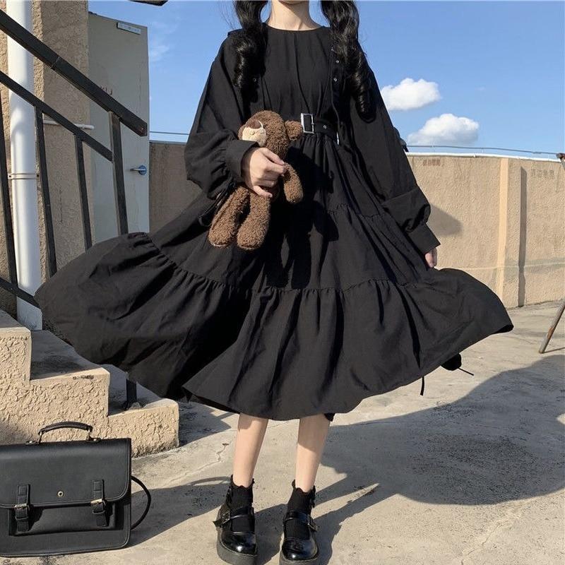 Gothic Style Dress Women Harajuku Gothic Lolita Kawaii Dress Punk Cute Long Sleeve Black Midi Dress