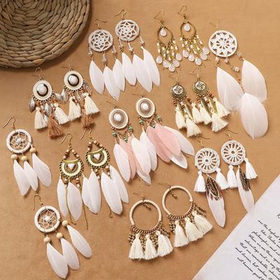 Ethnic Style Bohemia Feather Earrings White Long Style Fashion Retro Stylish Tassel Female Holiday Trip Shoot Earrings