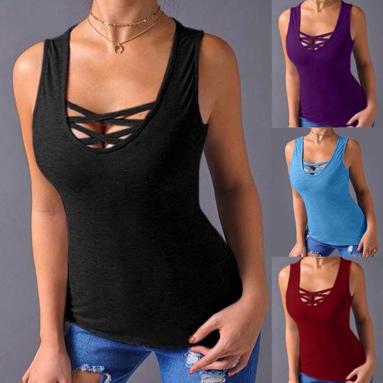 Plus Size Summer Solid Color Women Cross Strap Round Neck Tank Top Slim Fit Vest