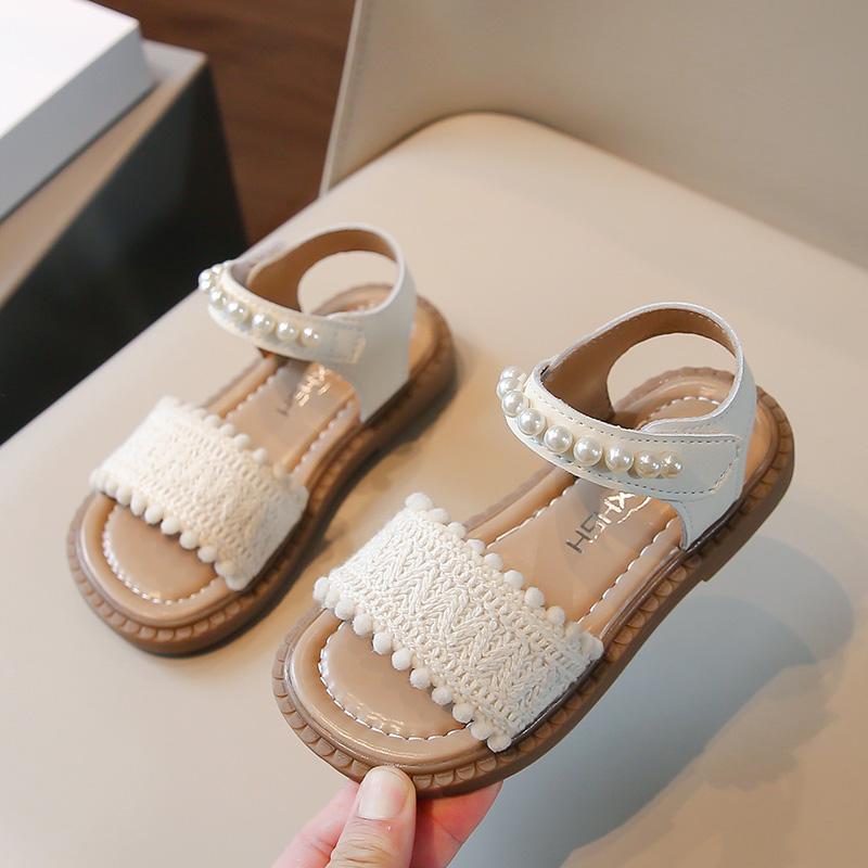 Girls Sandals 2-12 Years Old Beige Open Toe Pearl Flat Girls Single Shoes Summer New Brown Children's Fashion Sandals Kids Shoes