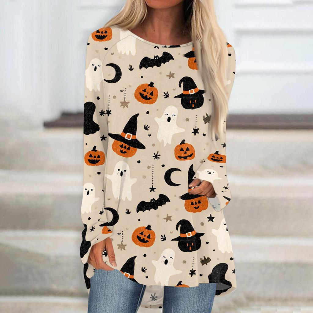 Women's Long Sleeve Halloween Print Tunic T-Shirt Round Neck Casual Top