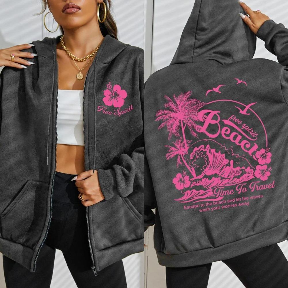 Free Spirit Beach Time Of Travel Print Women Zipper Hoody Fashion Autumn Hoodie Pocket Streetwear Fleece Loose Hoodies
