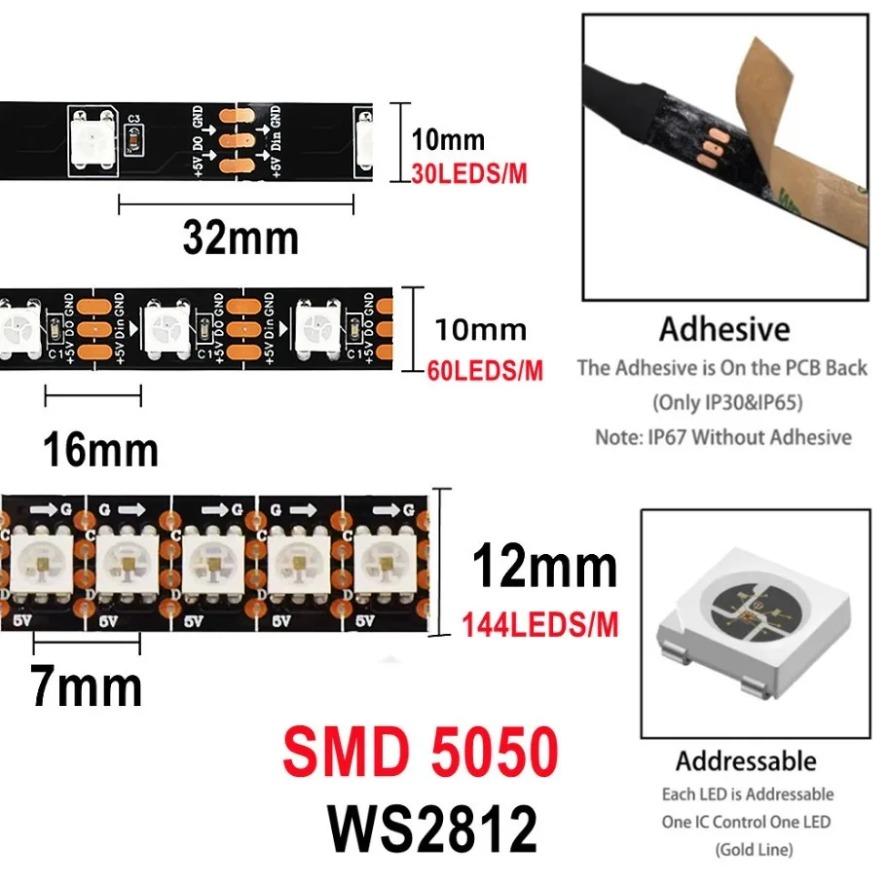 5V Intelligentes LED-Band WS2812B 5050 RGBIC Individuell Adressierbarer IC 30/60/144 Pixel/LEDs/Meter Schwarz/Weiß PCB IP30/67 Wasserdicht