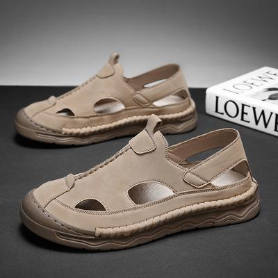 Men's Shoes Summer Hollow Leather Sandals Men's Large Size Bag Head Outdoor Casual Beach Shoes Driving Soft-soled Hole Shoes