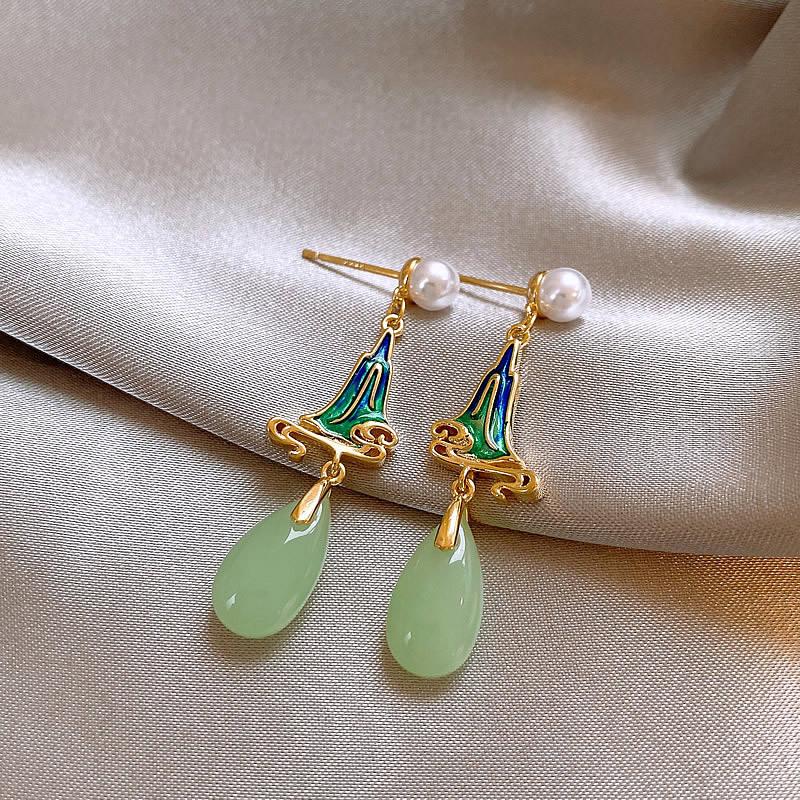 Pearl Dripping Oil Landscape Fringed Earrings New Chinese Light Luxury Stud Earrings High Sense Fashion Exquisite Temperament Earrings