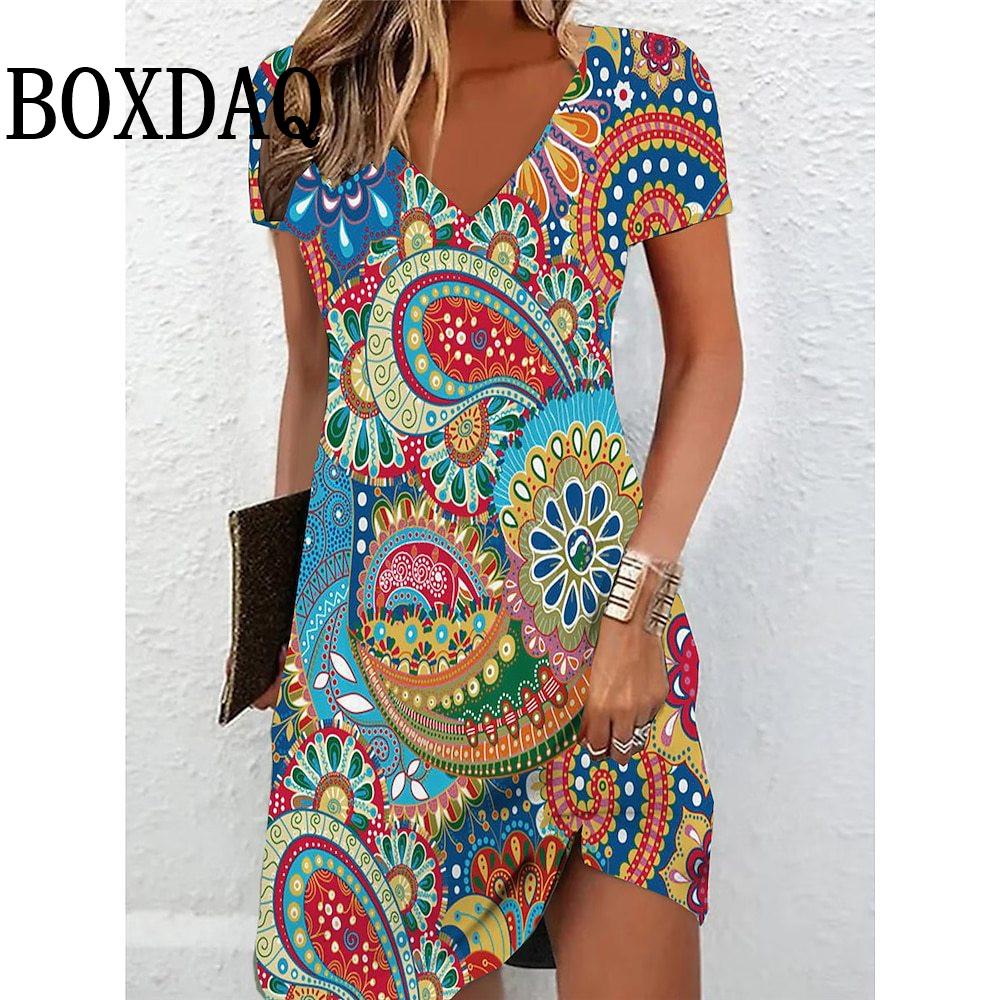 Sommerkleid für Damen Vintage V-Ausschnitt Kurzarm Locker Casual Retro 3D-Druck Modekleider für Damen Vestidos Sommerkleid