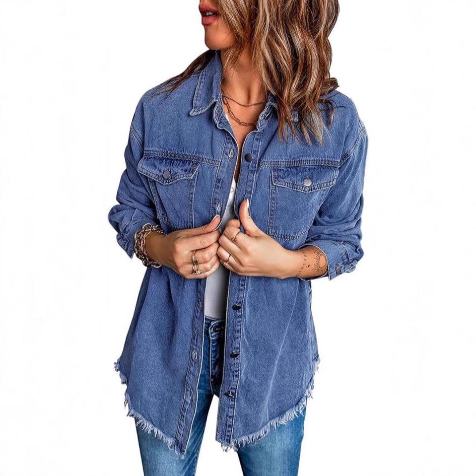 Damen Oversized Distressed Jeansjacke - Lässiges Langarmhemd für Frühling 2025