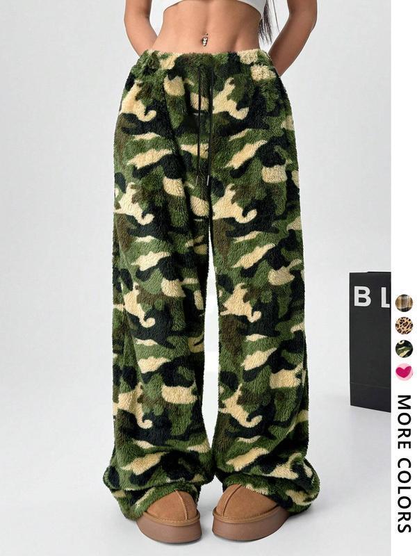 Women Leopard Print Wide Leg Pants Elastic Waist Drawstring Casual Loose Long Trousers