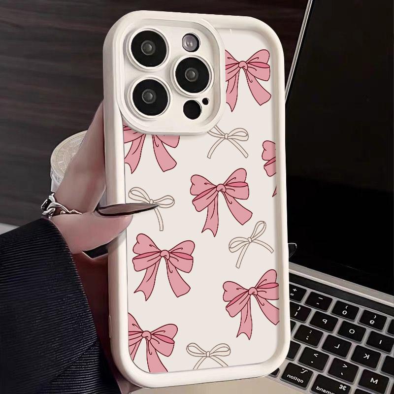 Full Screen Pink Bow Tie Phone Case iPhone 15 Pro Max 11 12 13 16 14 Plus Silicone Shockproof Case Lens Protector Shell