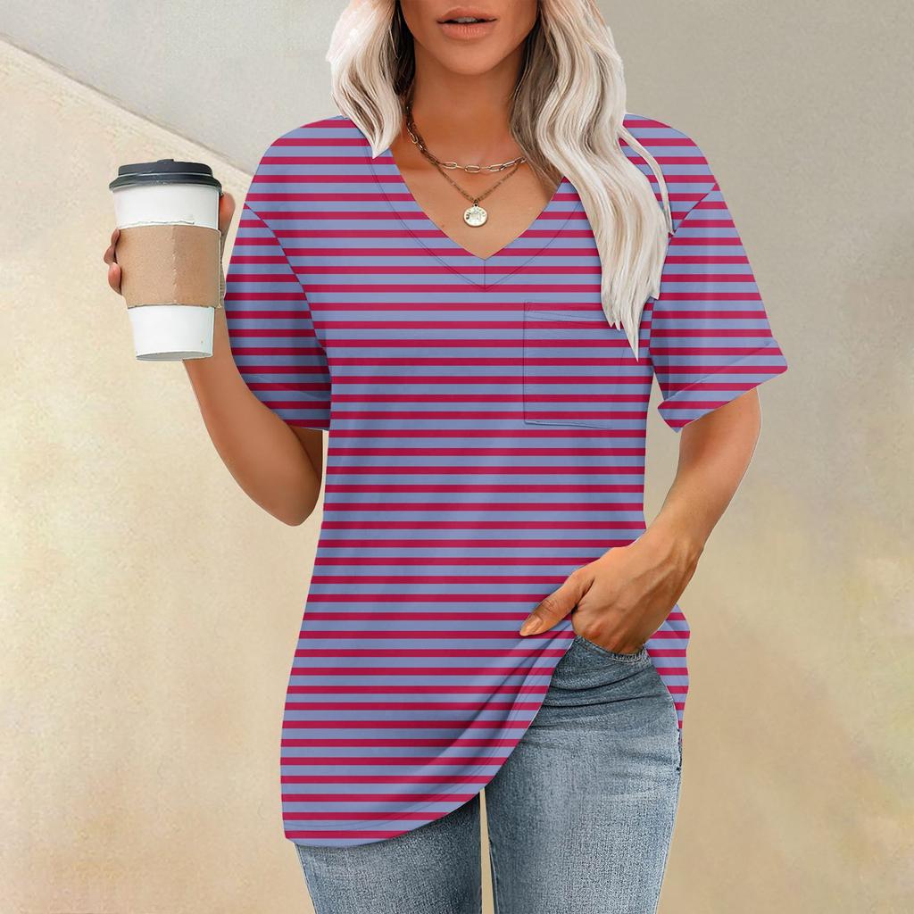 Fashion Pocket V-Neck Short Sleeve Striped Print T-Shirt Top