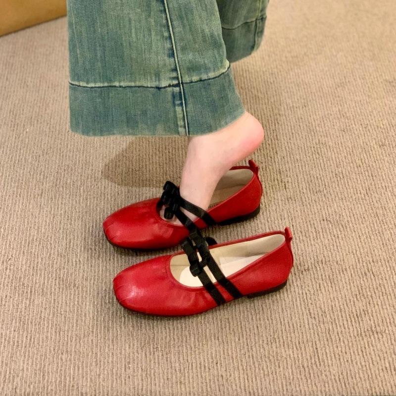 

French word with red Mary Jane flat shoes light mouth fairy Korean ballet soft leather casual grandma shoes 35