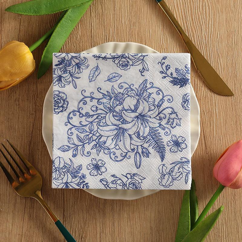 20Pcs Blue Flower Printed Paper Napkins, 2-Ply Disposable Napkins for Baby Shower Birthday Party - Table Decor Tissue Supplies