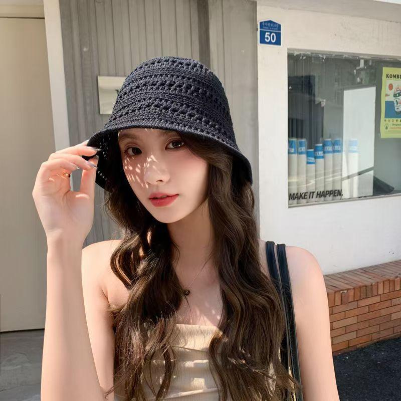 Solid Knit Hollow Out Bucket Hat Women Spring Summer Breathable UV Sun Protection Fisherman Hat