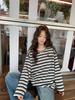 Japanese Style Sausage Dog Fabric Striped Long Sleeve Tee with Round Neck