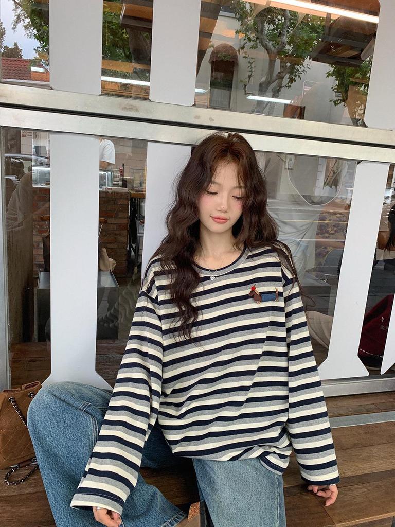 Japanese Style Sausage Dog Fabric Striped Long Sleeve Tee with Round Neck