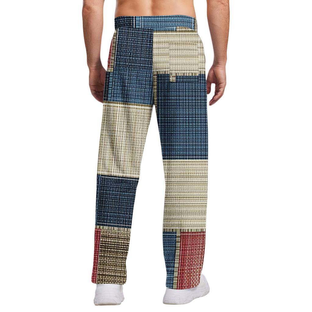 Men's Casual Pants With Pockets | Stripe Checkered Printed, Loose Straight Leg, Elastic Waist With Drawstring For Daily & Casual Wear