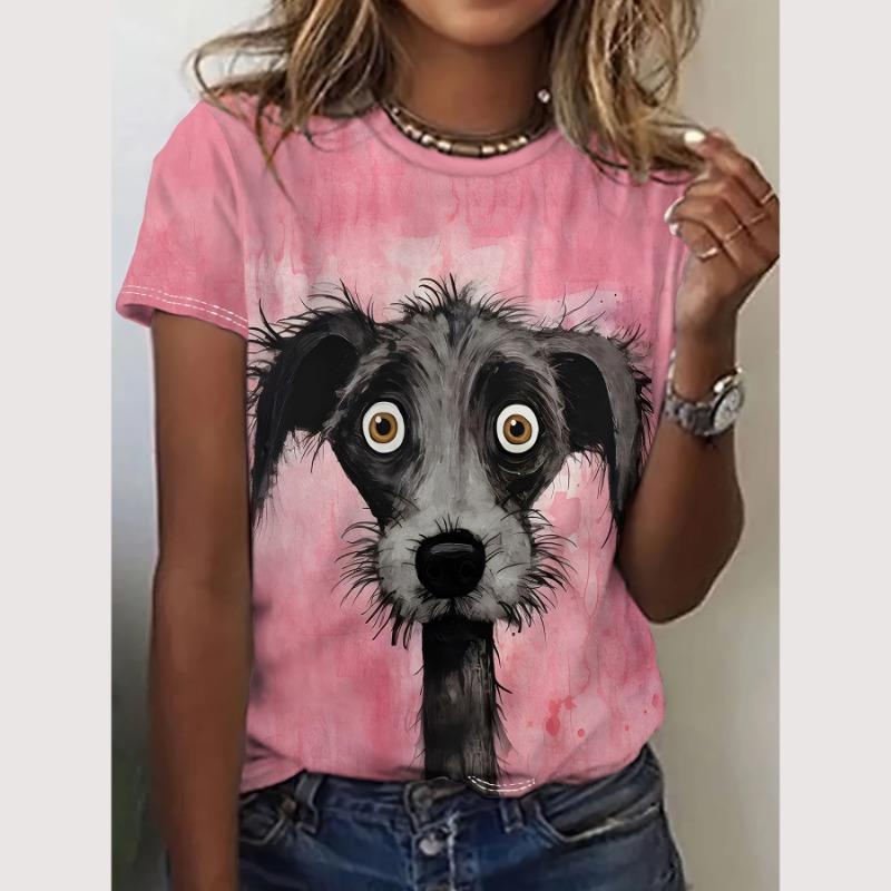 Cartoon-T-Shirt für Damen, Tiermuster-Druck, O-Ausschnitt, Oberteil, Outdoor-Mode, Damen-T-Shirts, Pullover, weibliches übergroßes Kleidungshemd