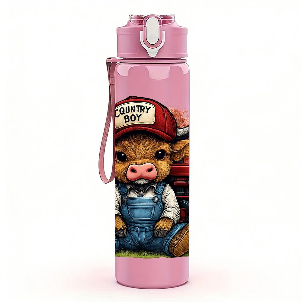 1PC Farmer Cow Cartoon Print 750ml Color Plastic Sports Water Bottle Leakproof Flip Straw Lid Suitable for Sports Office Home Use