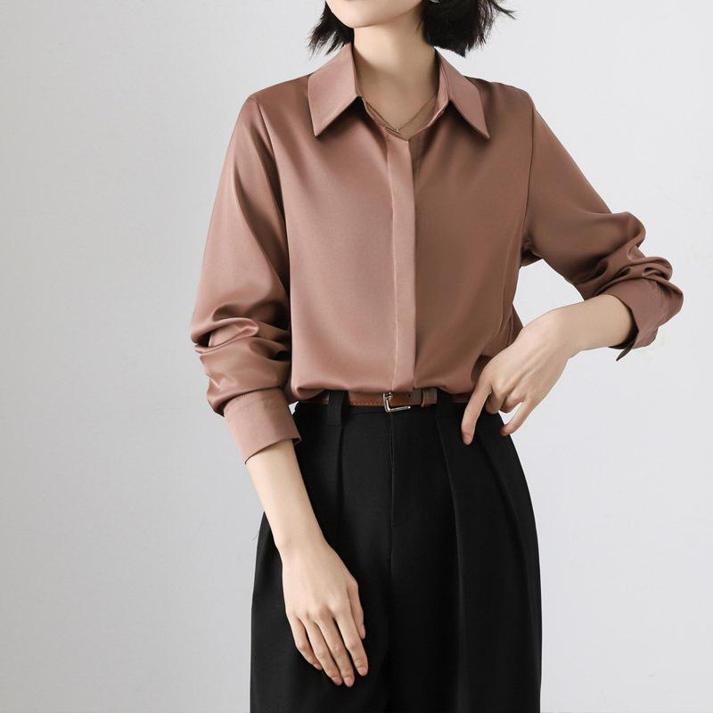 Women's Retro Satin Loose-Fit Long Sleeve Shirt - Hidden Placket, Hong Kong Style, Light Luxury for Spring & Autumn