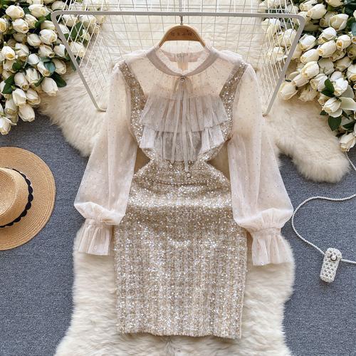 

Весна-осінь Жіночі солодкі мереживні оборки з твіду в стилі печворк для вечірки з паєтками Міні-короткі сукні-олівці в клітку L абрикосовий