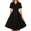 Women's Short Sleeve Color Vintage Lapel Dress With Large Swing Skirt