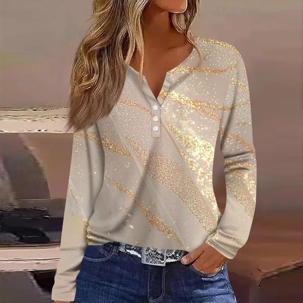 Dámská móda Ležérní květinový potisk Tričko s dlouhým rukávem, výstřihem do V, knoflíčkem, Top s dlouhým rukávem