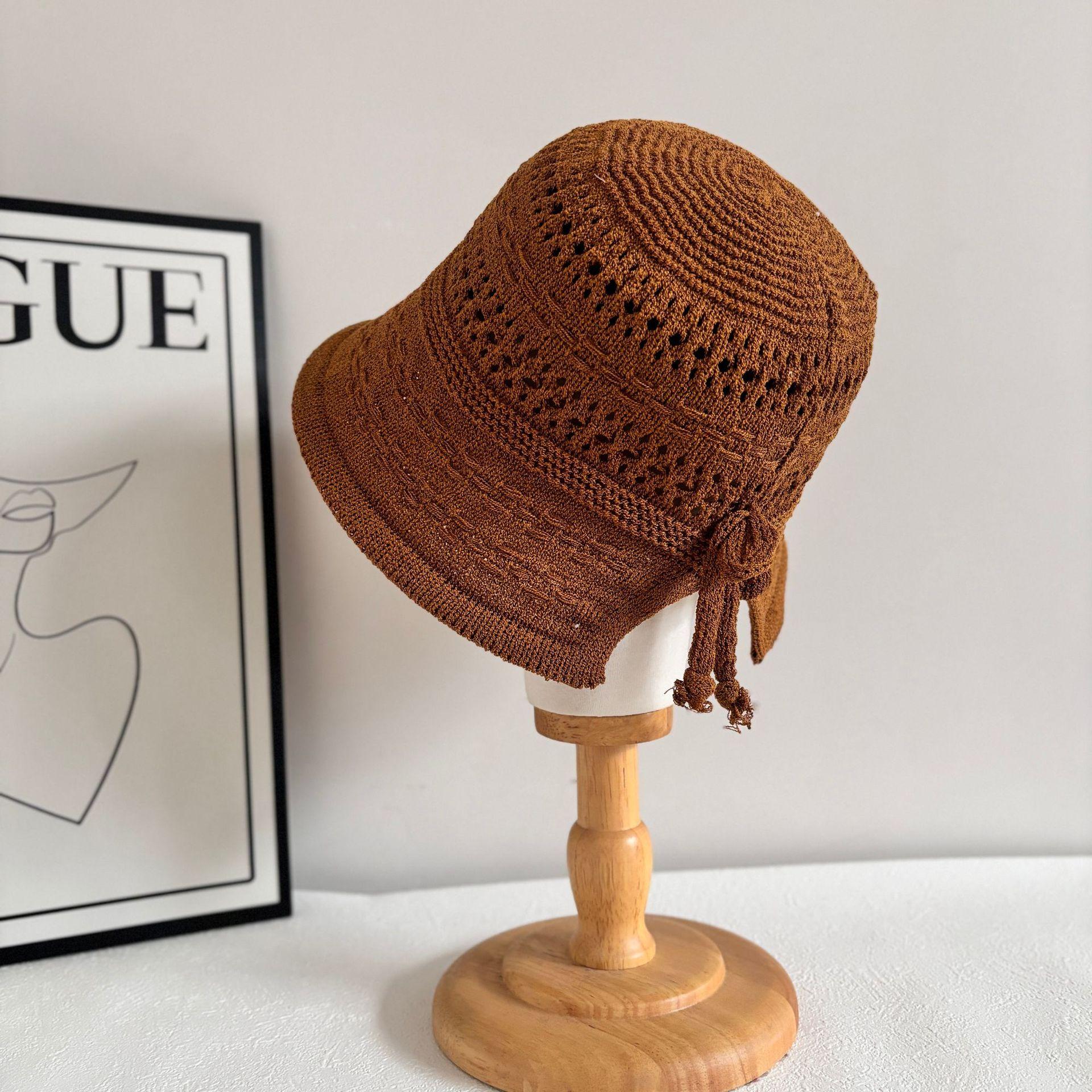 

Уличная корейская шляпа элегантная женская вязаная крючком шляпа с полым лицом, вязаная шапка-ведро для женщин, лето 2025, новая шляпа-ведро M（56-58cm） коричневый