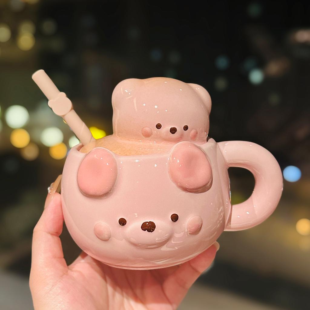 Cartoon Bear Cub Sticker Cup with Lid Household Ceramic Breakfast Milk Oatmeal Cup Cute Bear Straw Cup Souvenir