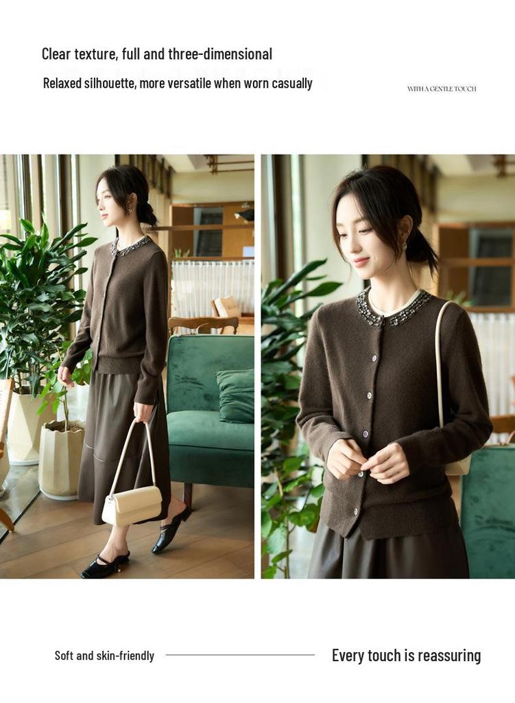 2025 Autumn/Winter Women's Round Neck Pure Wool Cardigan with Rhinestones, Slimming Knit Cashmere Sweater Coat