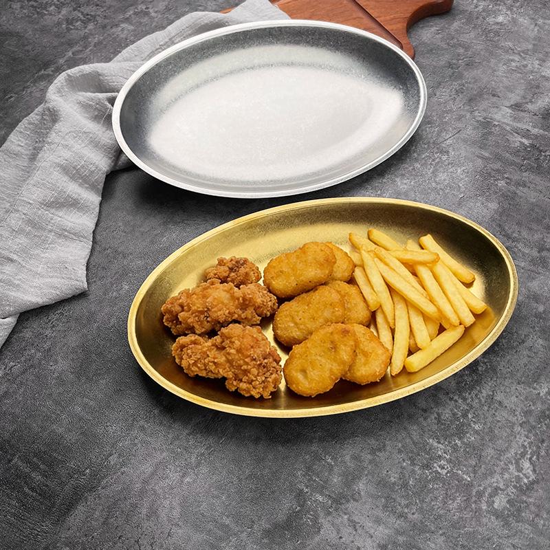 Korean Style Stainless Steel Oval Tray Plate for Cheong Fun, Fries, Snacks, Fish, Barbecue