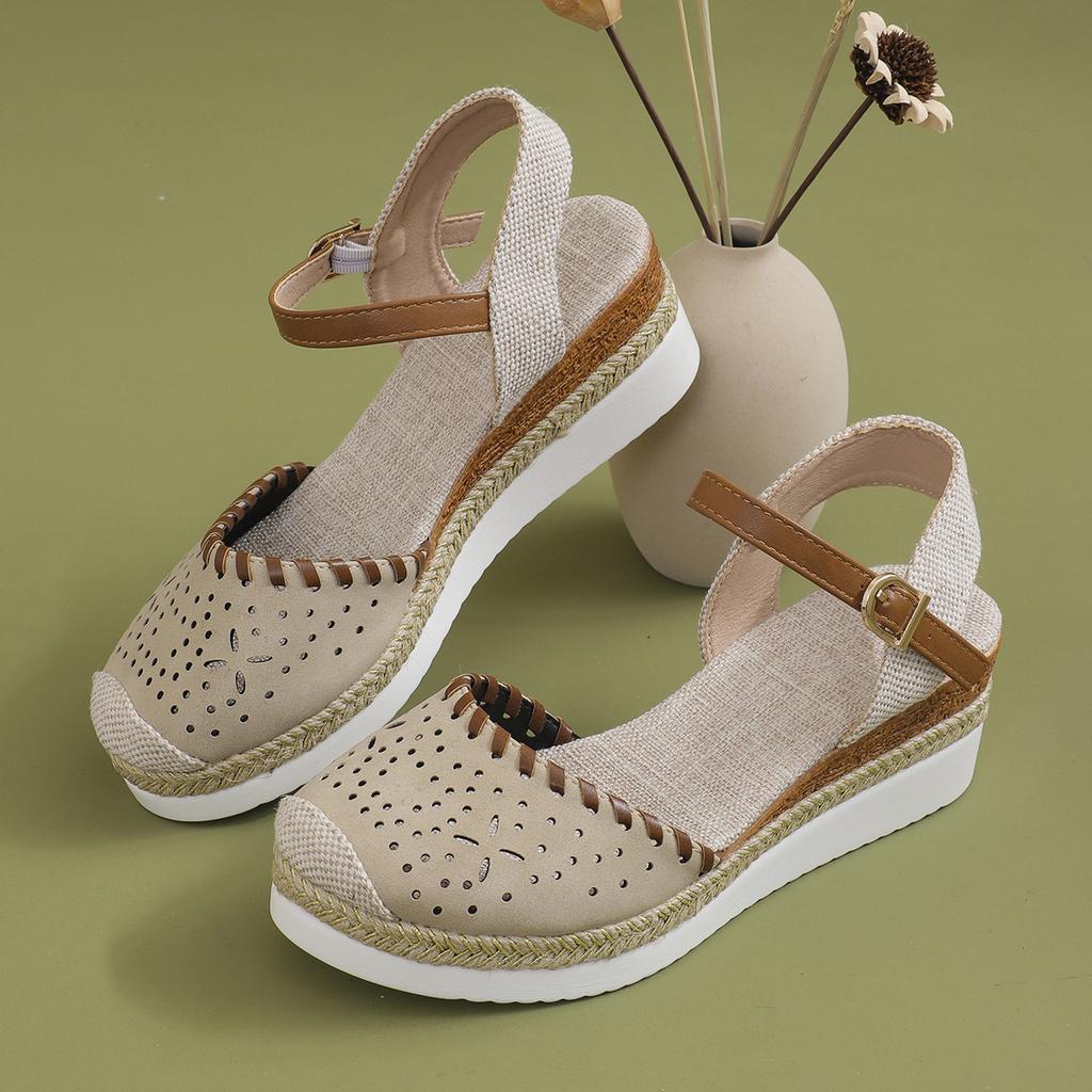 Große Farbabstimmung Tasche Kopf Hinten Leer Sandalen Keilabsatz Leichte Hanfseil Geflochtene Schnalle Plateau-Sandalen